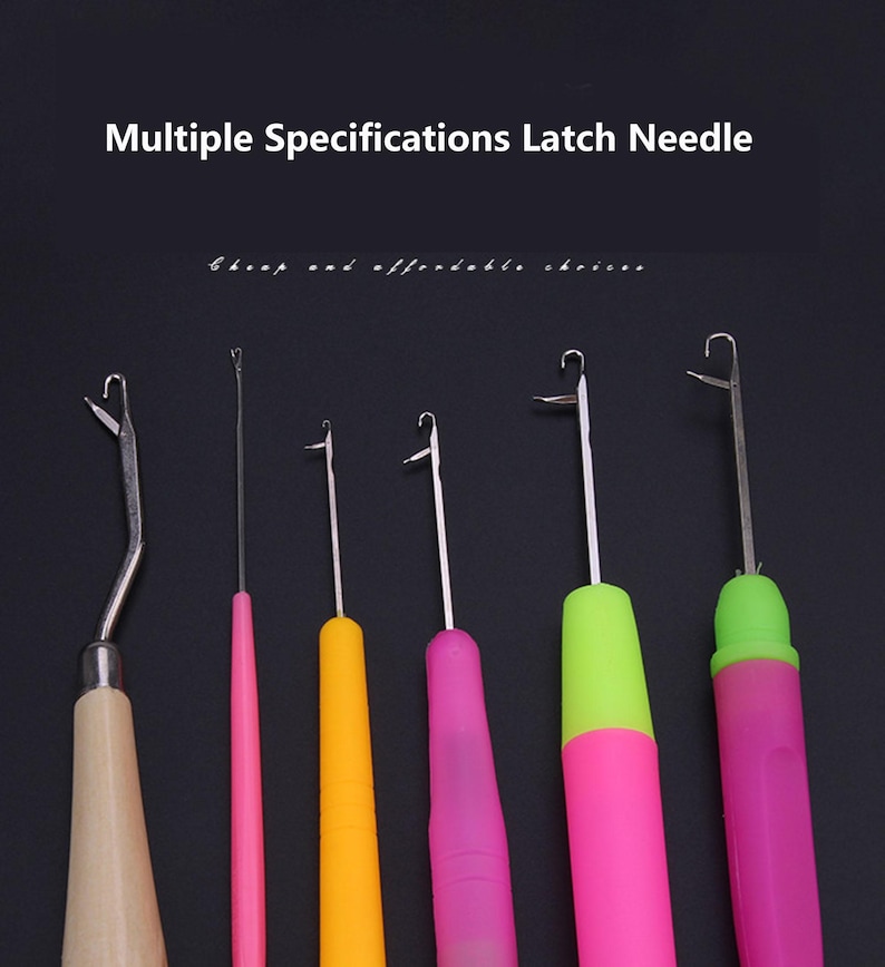 May include: A set of six latch needles with varying hook sizes and handle designs, including one wooden handle, one thin pink handle, and four thicker handles in yellow, pink, and green. The text Multiple Specifications Latch Needle is visible.