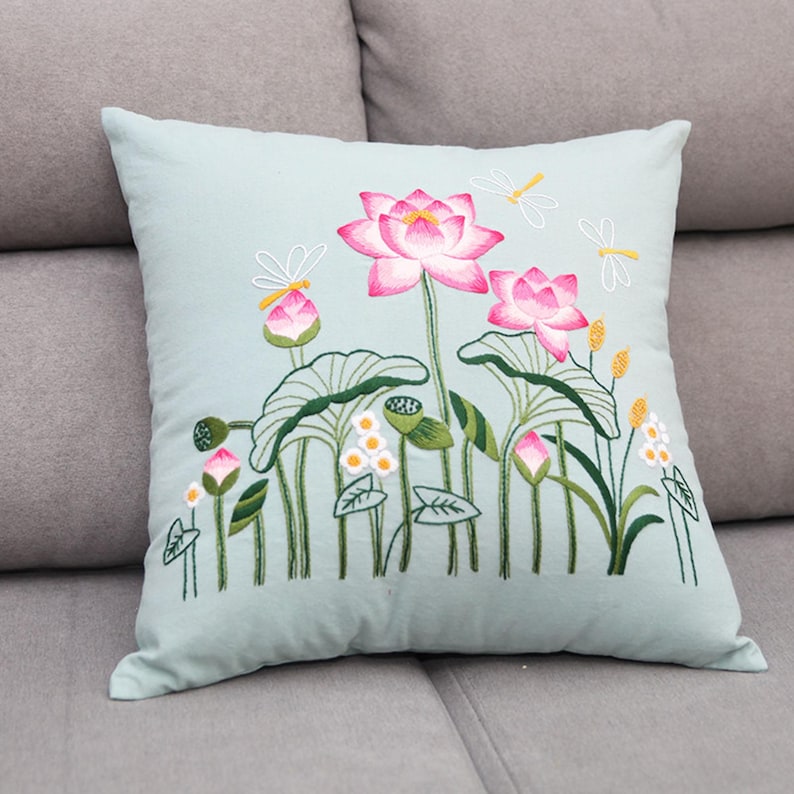 Embroidered Throw Pillow DIY Handmade Embroidery Kit Canvas Cotton Hemp ...