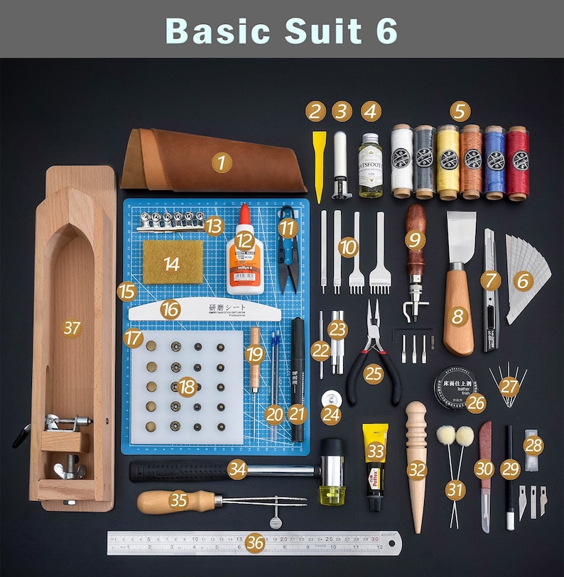Leather Working Tools Kits Leather Craft Sewing DIY Hand Stitching with Groover Awl Edge Creaser Mat Tools Basic suit 6
