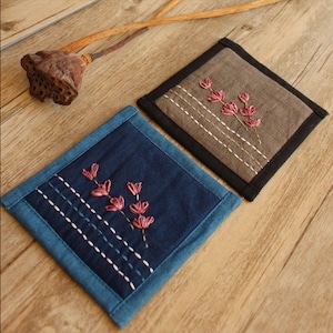 Cotton 100% Sashiko embroidery Coasters, Coasters, Place mat, Vintage kimono Fabrics, Vintage indigo-dye, Reversible coaster, Japanese decor