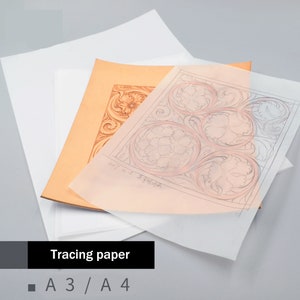 May include: A stack of tracing paper in A3 and A4 sizes. The paper is translucent and white. The paper is used for transferring designs onto leather.
