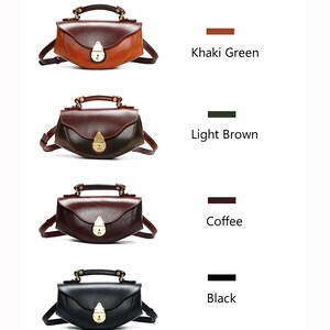 May include: Four different colored leather handbags with a gold clasp and a shoulder strap. The colors are khaki green, light brown, coffee, and black.