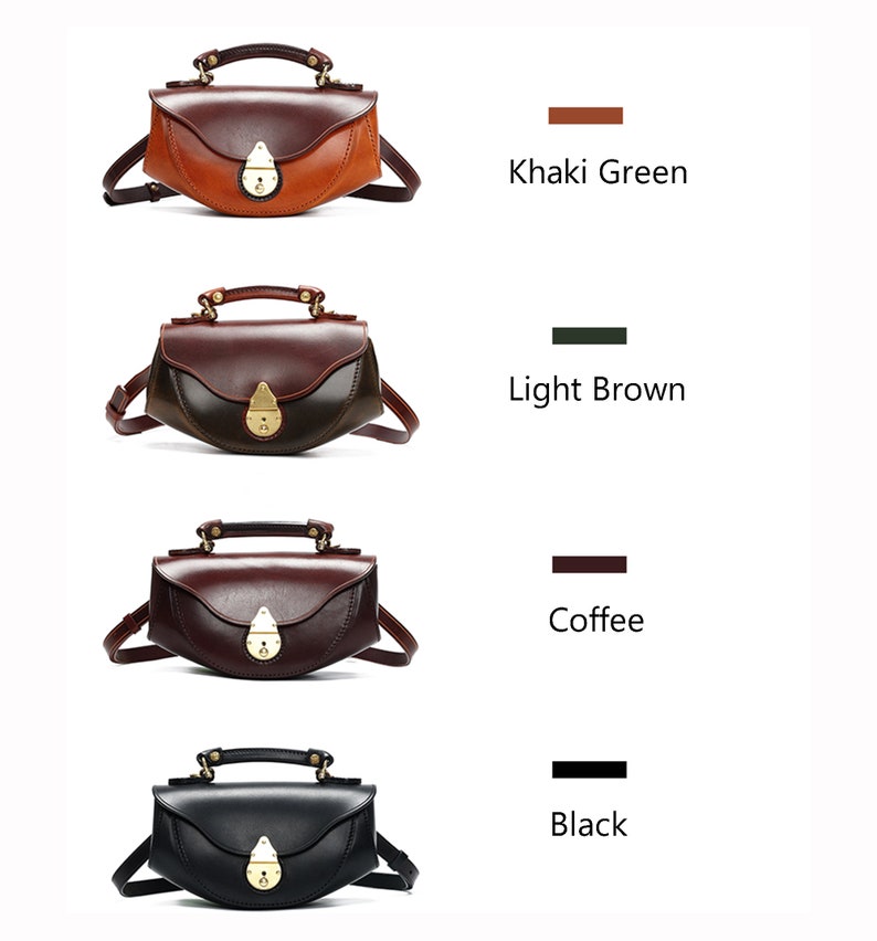 May include: Four different colored leather handbags with a gold clasp and a shoulder strap. The colors are khaki green, light brown, coffee, and black.