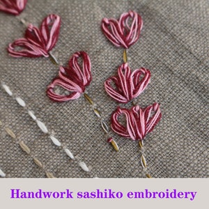 Puede incluir: Primer plano de bordado sashiko hecho a mano sobre una tela beige. El bordado presenta un patr&oacute;n repetitivo de flores rosas y rojas.