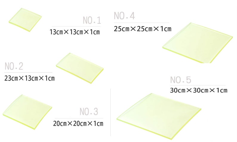 May include: Five clear glass plates of different sizes. The plates are labeled with numbers 1 through 5 and their dimensions in inches. The plates are all rectangular in shape.