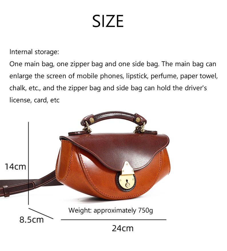 May include: A brown leather satchel handbag with a brass lock and handle. The bag measures 14 inches in length, 8.5 inches in height, and 24 inches in width. It weighs approximately 750 grams.