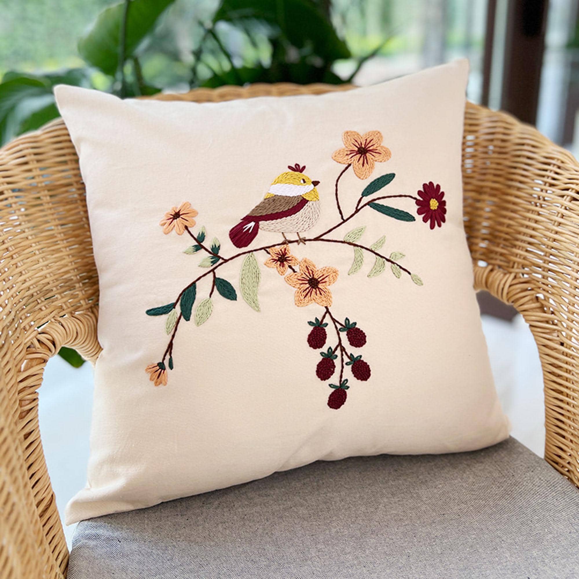 Embroidered Throw Pillow DIY Handmade Embroidery Kit Canvas Cotton Hemp ...
