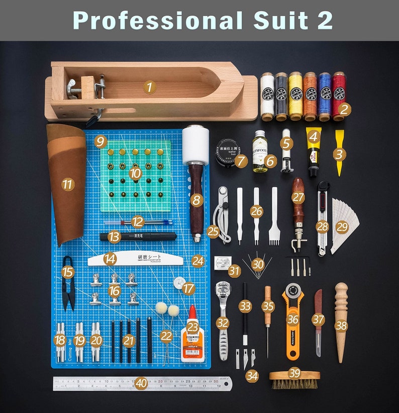 Leather Working Tools Kits Leather Craft Sewing DIY Hand Stitching with Groover Awl Edge Creaser Mat Tools Professional suit 2