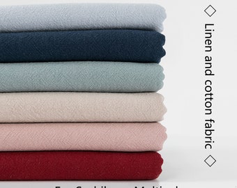 May include: Stack of six fabric swatches in various colors, including light blue, navy blue, light green, beige, pink, and red. The fabric is described as "Linen and cotton fabric" and "For Sashiko" and "Multicolor".