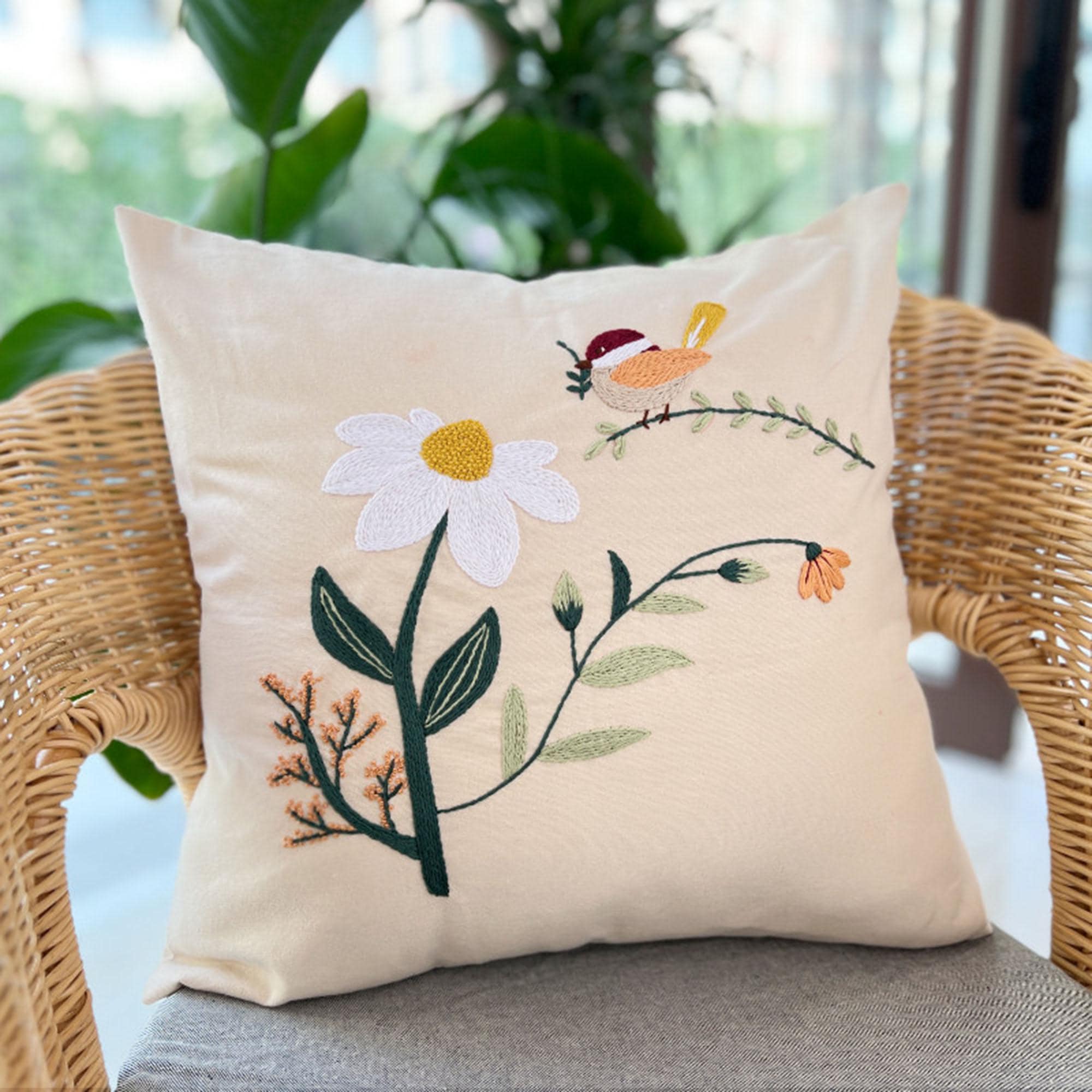 Embroidered Throw Pillow DIY Handmade Embroidery Kit Canvas Cotton Hemp ...