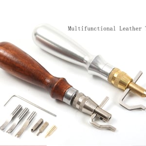 5 In 1 DIY Wood Leathercraft Adjustable Pro Leather Stitching Groover Crease Leather Tools with 3 Replace Edge Beveler Tips