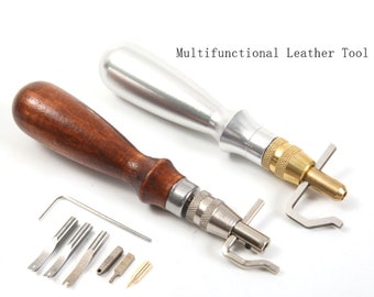 5 In 1 DIY Wood Leathercraft Adjustable Pro Leather Stitching Groover Crease Leather Tools with 3 Replace Edge Beveler Tips