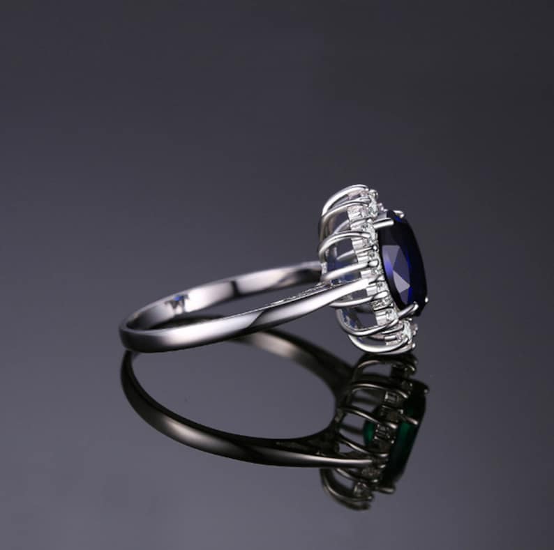 925 Sterling Silver Ring For Women Princess Diana William Kate Middleton's 3.2ct Created Blue Sapphire Engagement image 4