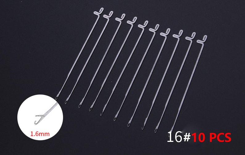May include: A set of 10 silver-colored metal latch hook needles, each featuring a straight shaft and a hooked end. A circular inset shows a close-up of the hook tip with the text 1.6mm, and the text 16#10 PCS is visible in the bottom right corner.
