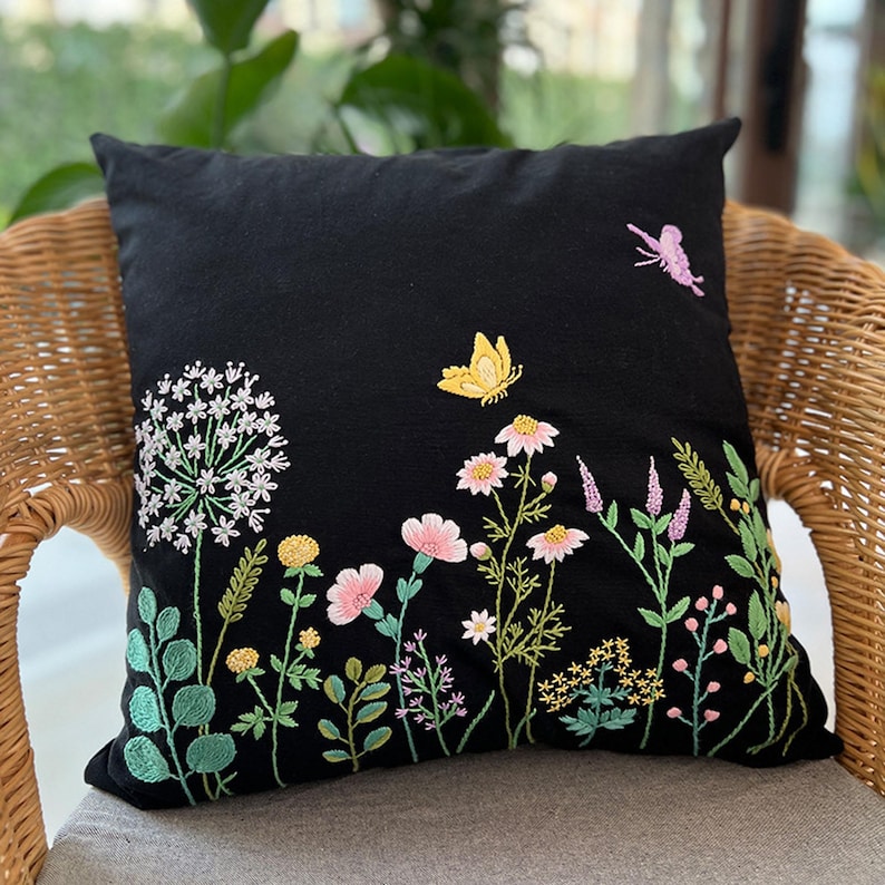 Embroidered Throw Pillow DIY Handmade Embroidery Kit Canvas Cotton Hemp ...
