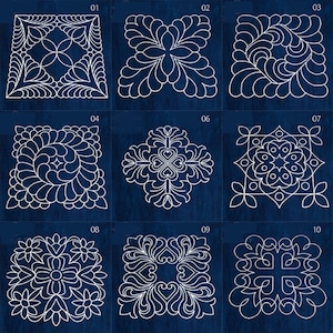 May include: A set of 10 quilting block patterns on a blue background. The patterns are white and feature various geometric shapes and designs. The numbers 01 through 10 are labelled above each pattern.