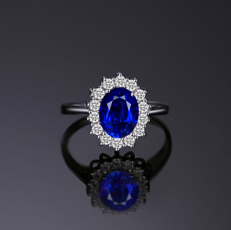 925 Sterling Silver Ring For Women Princess Diana William Kate Middleton's 3.2ct Created Blue Sapphire Engagement image 3