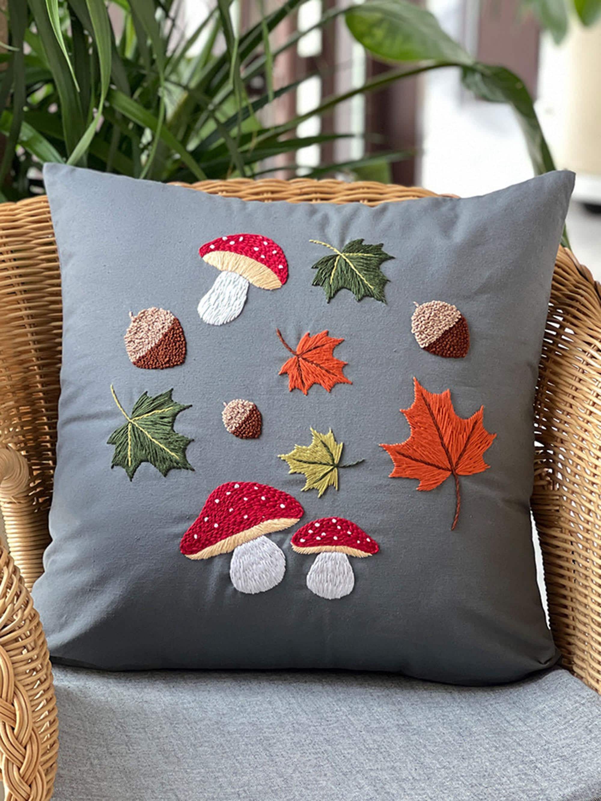 Embroidered Throw Pillow DIY Handmade Embroidery Kit Canvas Cotton Hemp ...