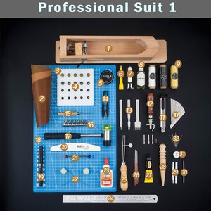 Leather Working Tools Kits Leather Craft Sewing DIY Hand Stitching with Groover Awl Edge Creaser Mat Tools Professional suit 1
