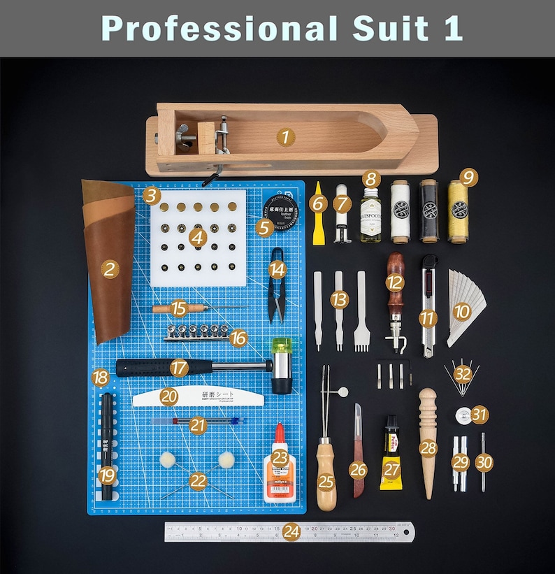 Leather Working Tools Kits Leather Craft Sewing DIY Hand Stitching with Groover Awl Edge Creaser Mat Tools Professional suit 1