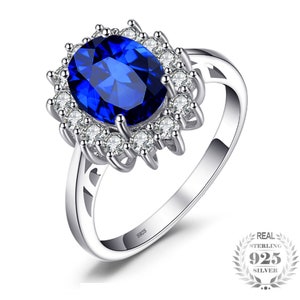 Anillo de compromiso de plata de ley 925 para mujer con zafiro azul creado de 3,2 ct de la princesa Diana, William y Kate Middleton.