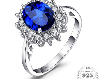 925 Sterling Silver Ring For Women Princess Diana William Kate Middleton's 3.2ct Created Blue Sapphire Engagement
