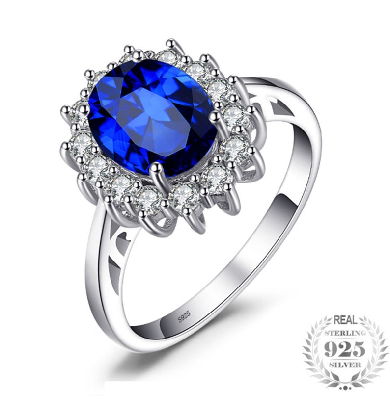 925 Sterling Silver Ring For Women Princess Diana William Kate Middleton's 3.2ct Created Blue Sapphire Engagement image 2