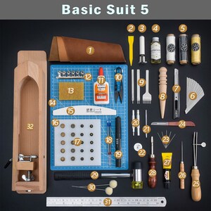 Leather Working Tools Kits Leather Craft Sewing DIY Hand Stitching with Groover Awl Edge Creaser Mat Tools Basic suit 5