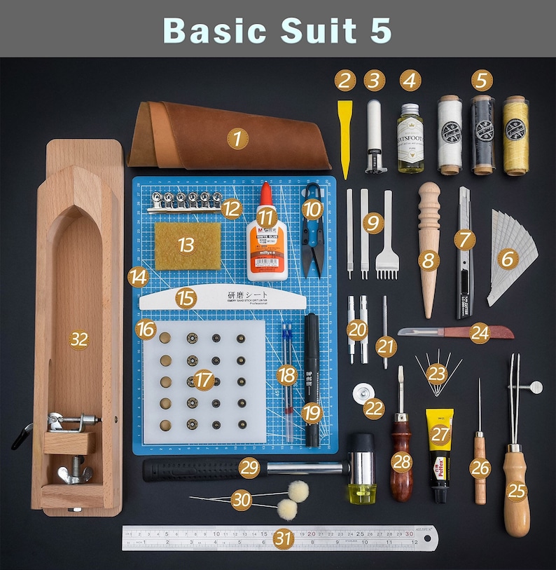 Leather Working Tools Kits Leather Craft Sewing DIY Hand Stitching with Groover Awl Edge Creaser Mat Tools Basic suit 5