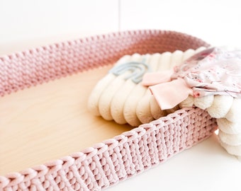 DIY set for changing basket with wooden base, crocheted, personalized, Oeko-Tex cotton, changing mat, changing mat, children's room, baby