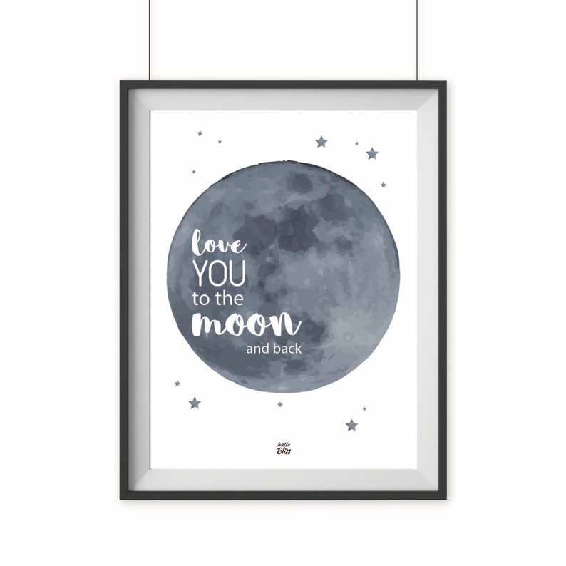 Poster, Love You To The Moon And Back, Liebe, Kinderzimmer, Babyzimmer, A4, Mond, Sterne, Geschenk Bild 1