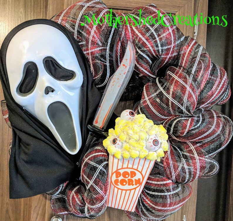 Custom Scream Wreath Choose props Ghost face wreath Halloween Wreath woodsboro murders horror wreath horror Decor Halloween Decor