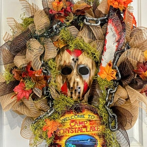 Jason Voorhees. Friday the 13th custom handmade wreath. Horror Movie Wreath. Halloween decor. Hockey mask. Horror wreath