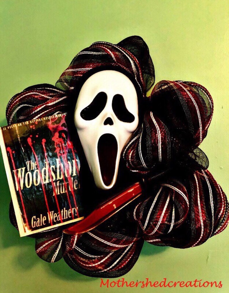 Custom Scream Wreath Choose props Ghost face wreath Halloween Wreath woodsboro murders horror wreath horror Decor Halloween Decor