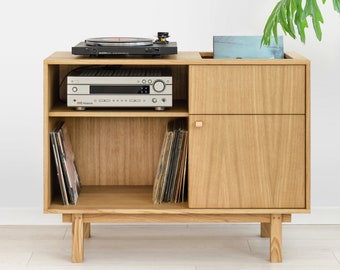 Solid oak wood console, turntable audio stand, vinyl record storage credenza