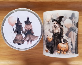 Halloween Girls - PET Tape, full roll 6 cm x 5 m, witches and roses for art journal collages planner BuJo scrapbooking, TheSmallHoursShop tape