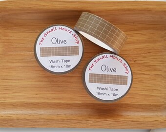 Washi Tape Olive Check Pattern, Grid Pattern, Checked Olive Green White, Full Roll 15 mm x 10 m, TheSmallHoursShop tape