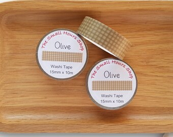 Washi Tape Olive Check Pattern, Grid Pattern, Checked Olive Green Tone-on-Ton, Full Roll 15 mm x 10 m, TheSmallHoursShop tape