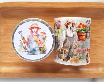 Jardin PET Tape Motifs de jardin | Boucle d'échantillon 100 cm avec illustrations de jardin et de fille, ruban TheSmallHoursShop