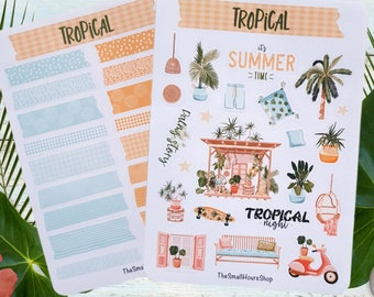 Feuille d’autocollants – Feuille d’autocollants tropicaux | Bandes Washi | Autocollants Bullet Journal | Autocollants de plantes Scrapbook | Autocollant Été BuJo