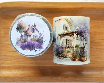 PET-tejp i lavendelfärgad stuga | Provögla 100 cm med lavendelfärgade stugmotiv, TheSmallHoursShop-tejp, för collage och journaling