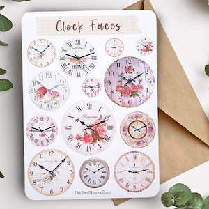 Autocollant feuille horloge visages - autocollant horloge visage, autocollant feuille horloges vintage, BuJo planificateur journal autocollant feuille cadran shabby chic