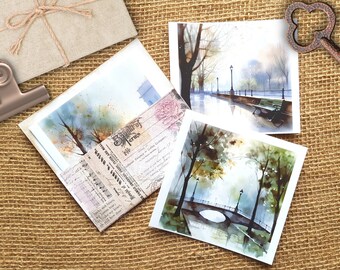 Rainy Town Background Sticker Set - 6 transparent background stickers for journal collages, transparent stickers of rain in the city