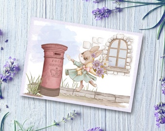Carte postale ludique de voeux de printemps - carte postale de qualité supérieure aspect lin DIN A6, carte avec joli motif de lapin, anniversaire de Pâques