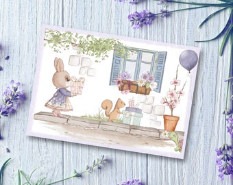 Playful postcard spring party - high-quality postcard in linen look DIN A6, card with cute animal motif Easter birthday