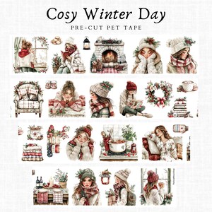 Può includere: Nastro PET pretagliato con illustrazioni ad acquerello a tema invernale accogliente. Il nastro include immagini di persone in abiti invernali, caminetti e decorazioni invernali. Il testo sul nastro recita "Cosy Winter Day".