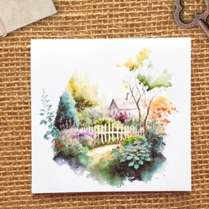 K&ouml;nnte beinhalten: Aquarellgem&auml;lde eines kleinen Hauses mit Garten, umgeben von einem wei&szlig;en Lattenzaun. Der Garten ist mit bunten Blumen und gr&uuml;nen B&auml;umen gef&uuml;llt. Das Gem&auml;lde hat eine weiche, vertr&auml;umte Atmosph&auml;re.