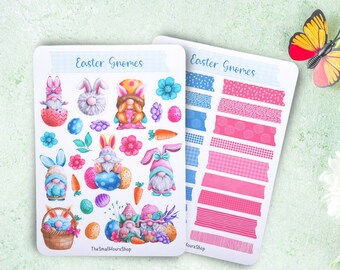 Autocollant Pâques Gnomes Pâques - autocollant printemps, feuille d’autocollants gnomes carottes œufs de Pâques, autocollants de journal de planificateur BuJo, bandes washi bleu rose