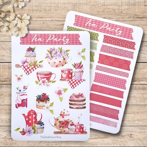 Folha de adesivos Tea Party - adesivos de cozinha, folha de adesivos de bolo de chá, livro de receitas de morangos cozinhando, adesivos de planejador BuJo, fitas washi vermelho verde