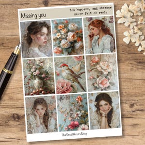 Saudades de você - Folha de adesivos com 9 adesivos vintage transparentes e citação correspondente, adesivos para diário criativo e scrapbooking